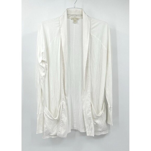 WHITE + WARREN cardigan sweater top tunic open front pockets cotton white L - Picture 1 of 7